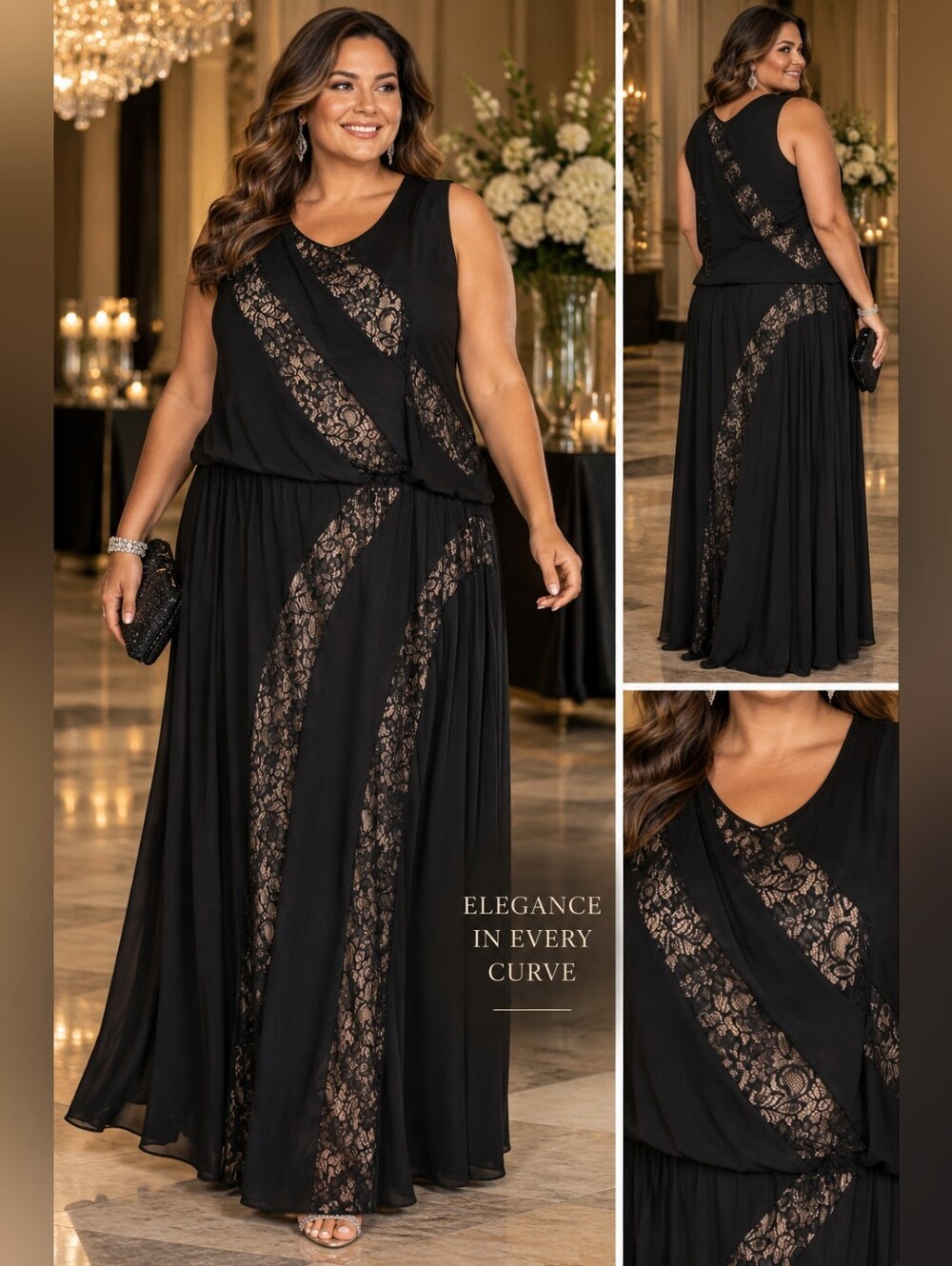 London Times Woman 22W NWT Black Lace Formal Maxi Gown Plus Size